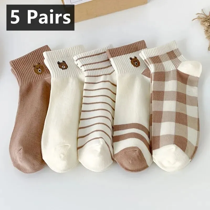 5 Pairs Teddy Bear Ankle Socks for Women Comfy Cute Crew Short Socks