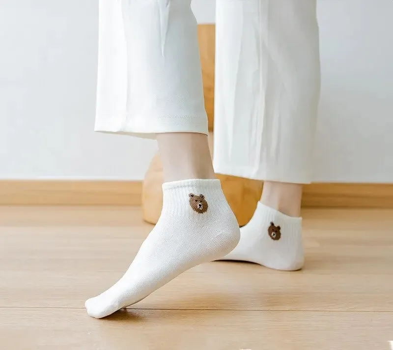 5 Pairs Teddy Bear Ankle Socks for Women Comfy Cute Crew Short Socks