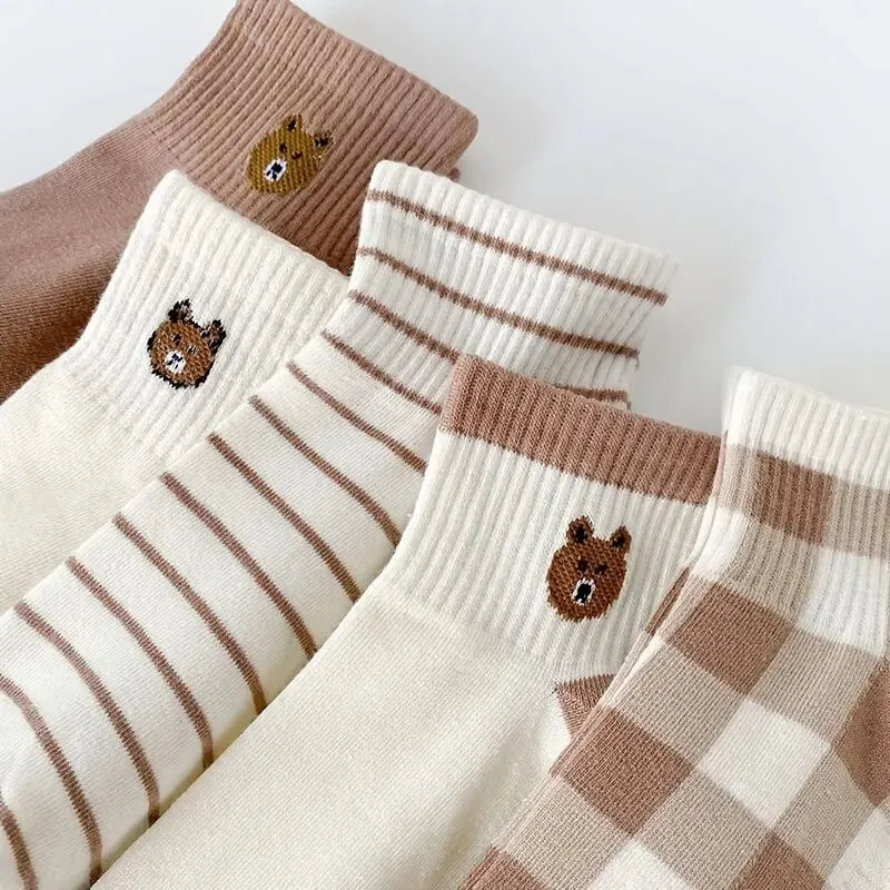 5 Pairs Teddy Bear Ankle Socks for Women Comfy Cute Crew Short Socks