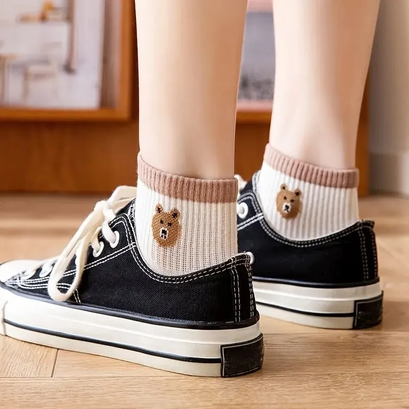 5 Pairs Teddy Bear Ankle Socks for Women Comfy Cute Crew Short Socks