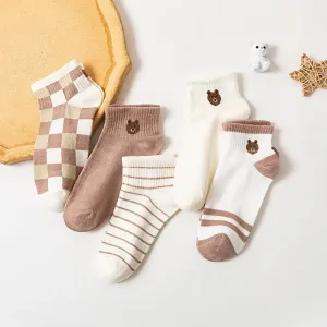 5 Pairs Teddy Bear Ankle Socks for Women Comfy Cute Crew Short Socks