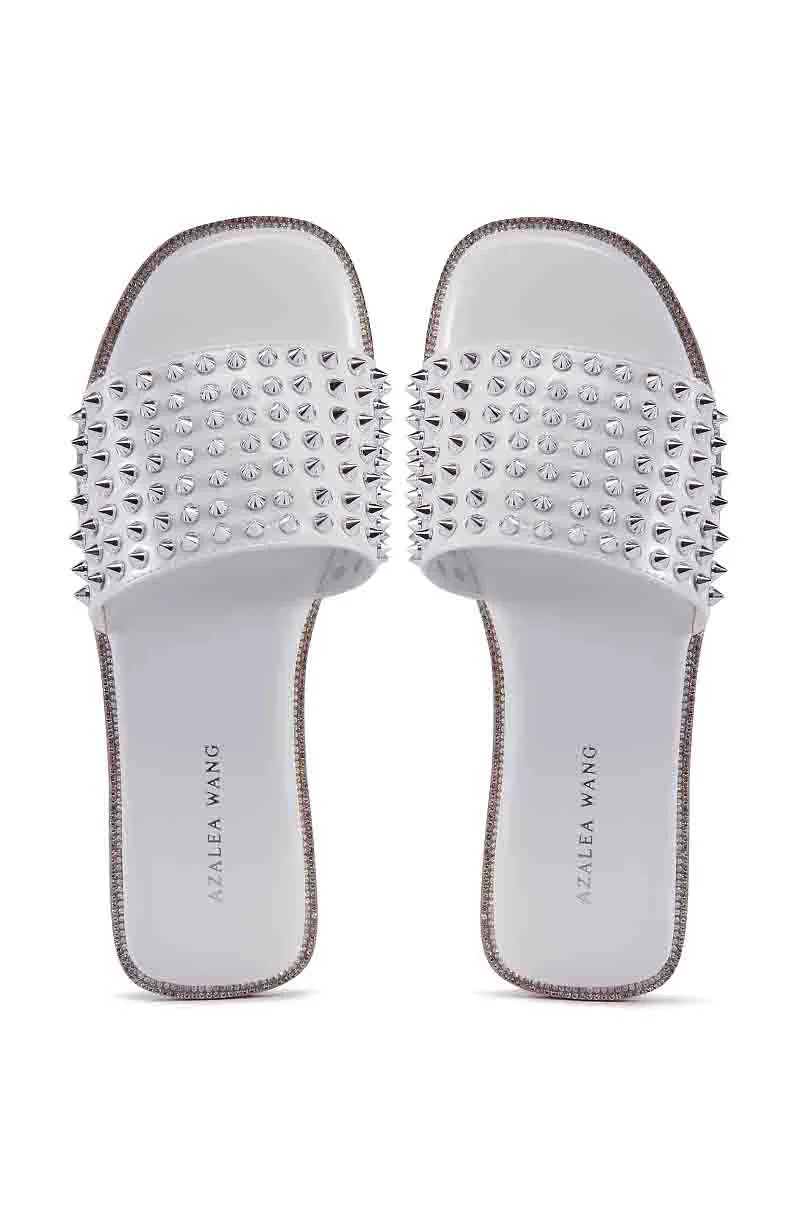 AZALEA WANG EMMONS WHITE SPIKY STUD FLAT SANDAL