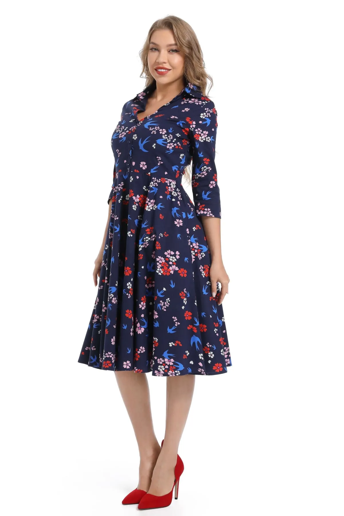 Blue Bird Floral Collared Cotton Vintage Dress with 3/4 Sleeves and Pockets