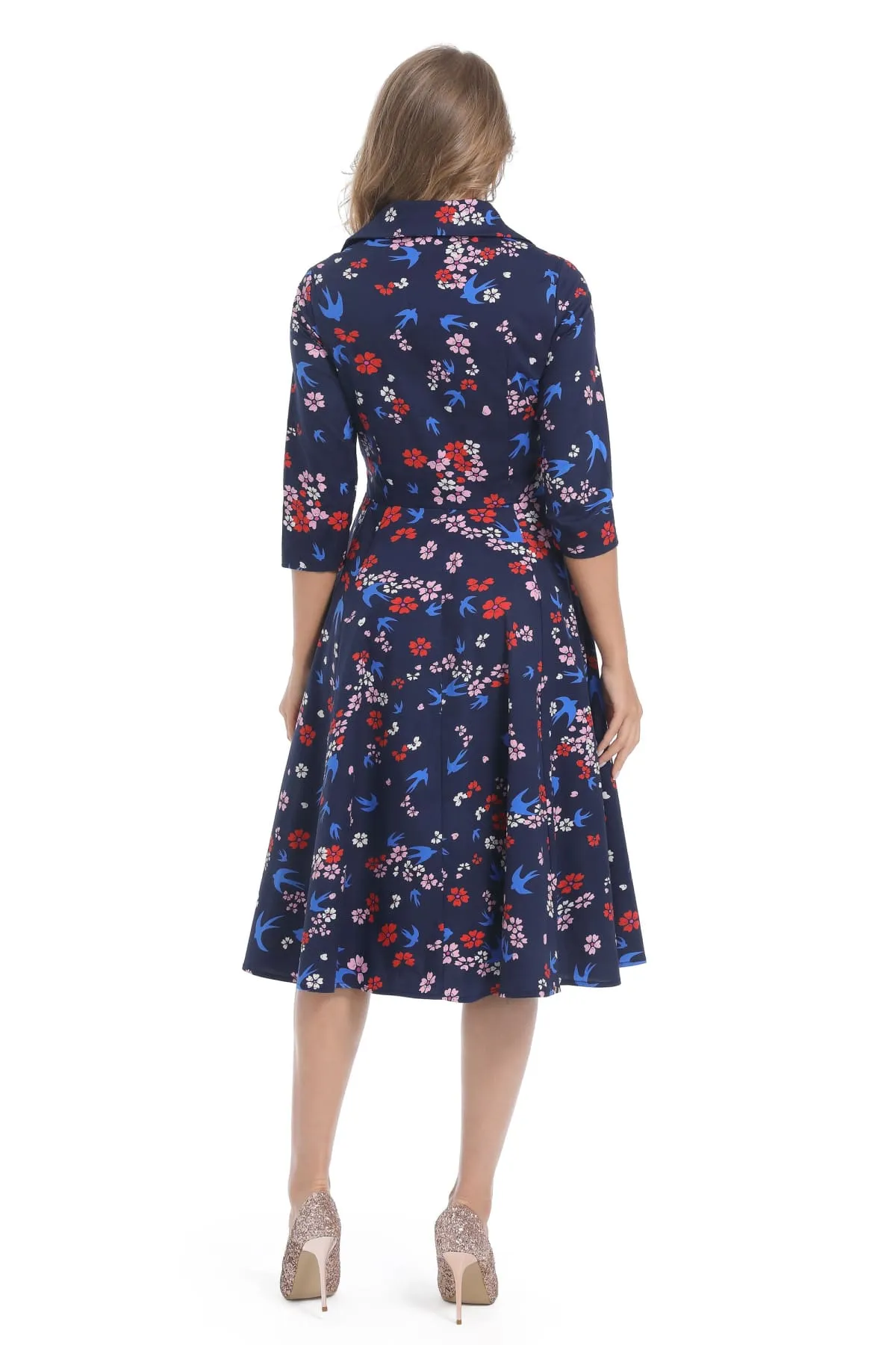Blue Bird Floral Collared Cotton Vintage Dress with 3/4 Sleeves and Pockets