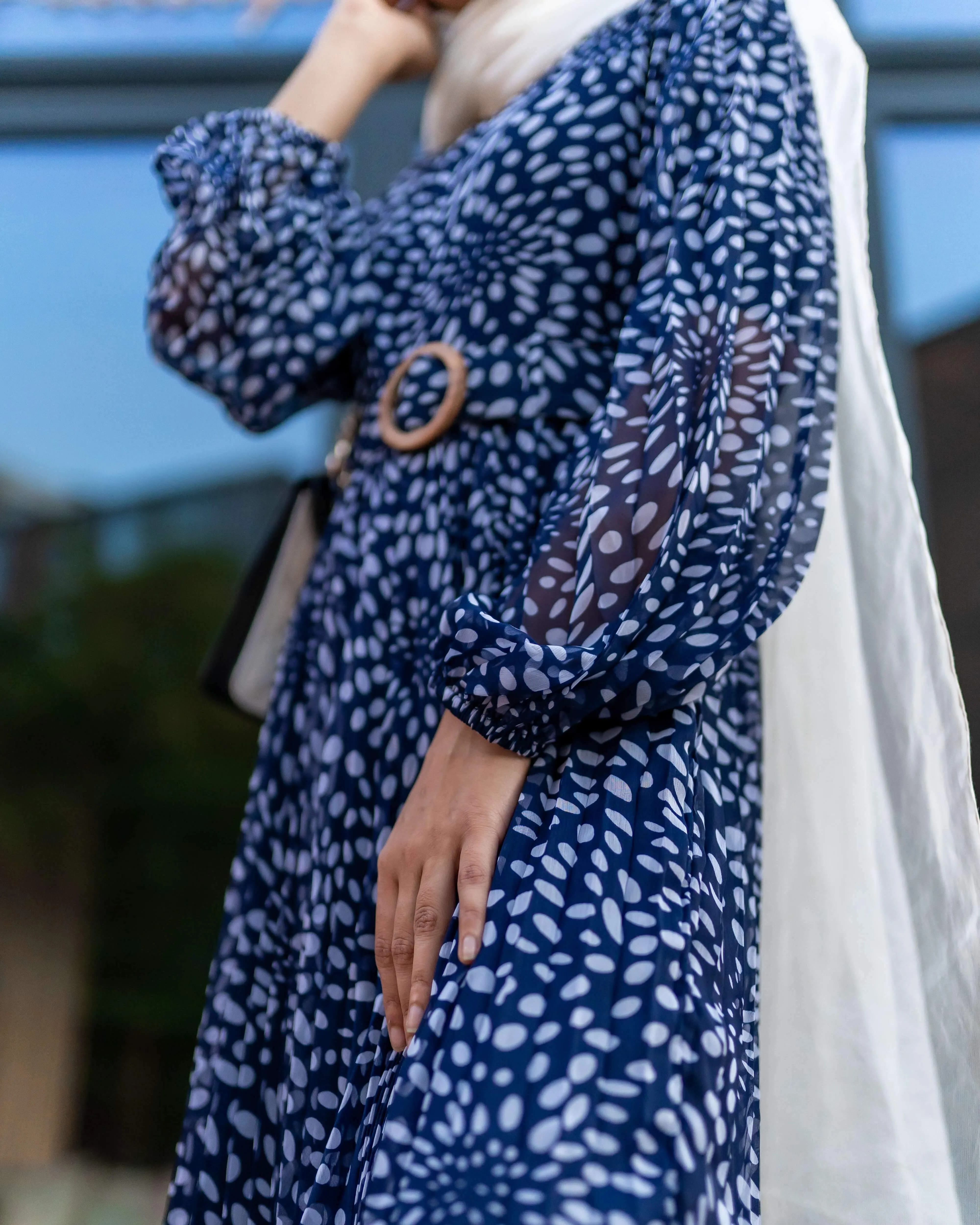 Blue Polka Printed Pleated Maxi Dress (GBF7001)