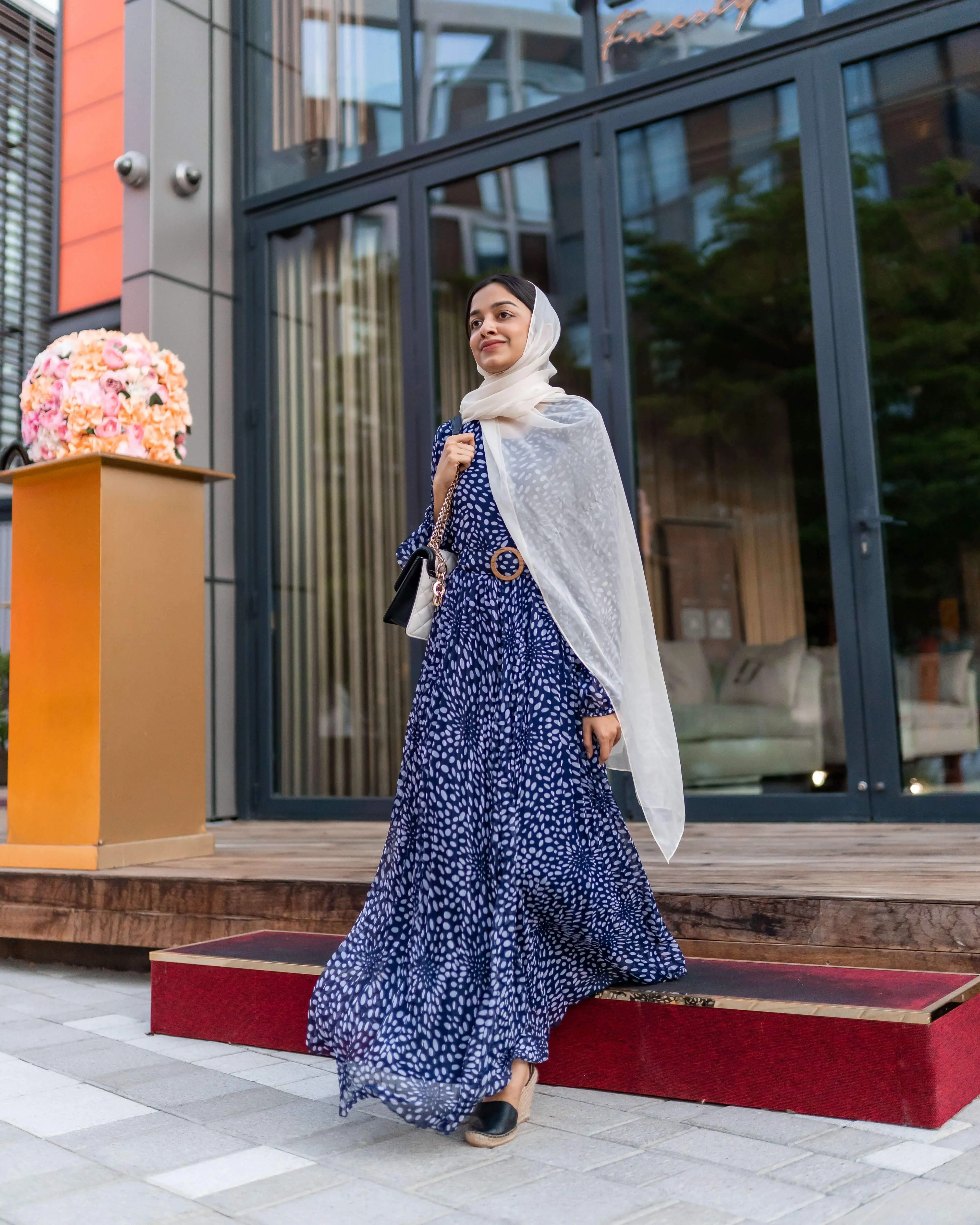 Blue Polka Printed Pleated Maxi Dress (GBF7001)