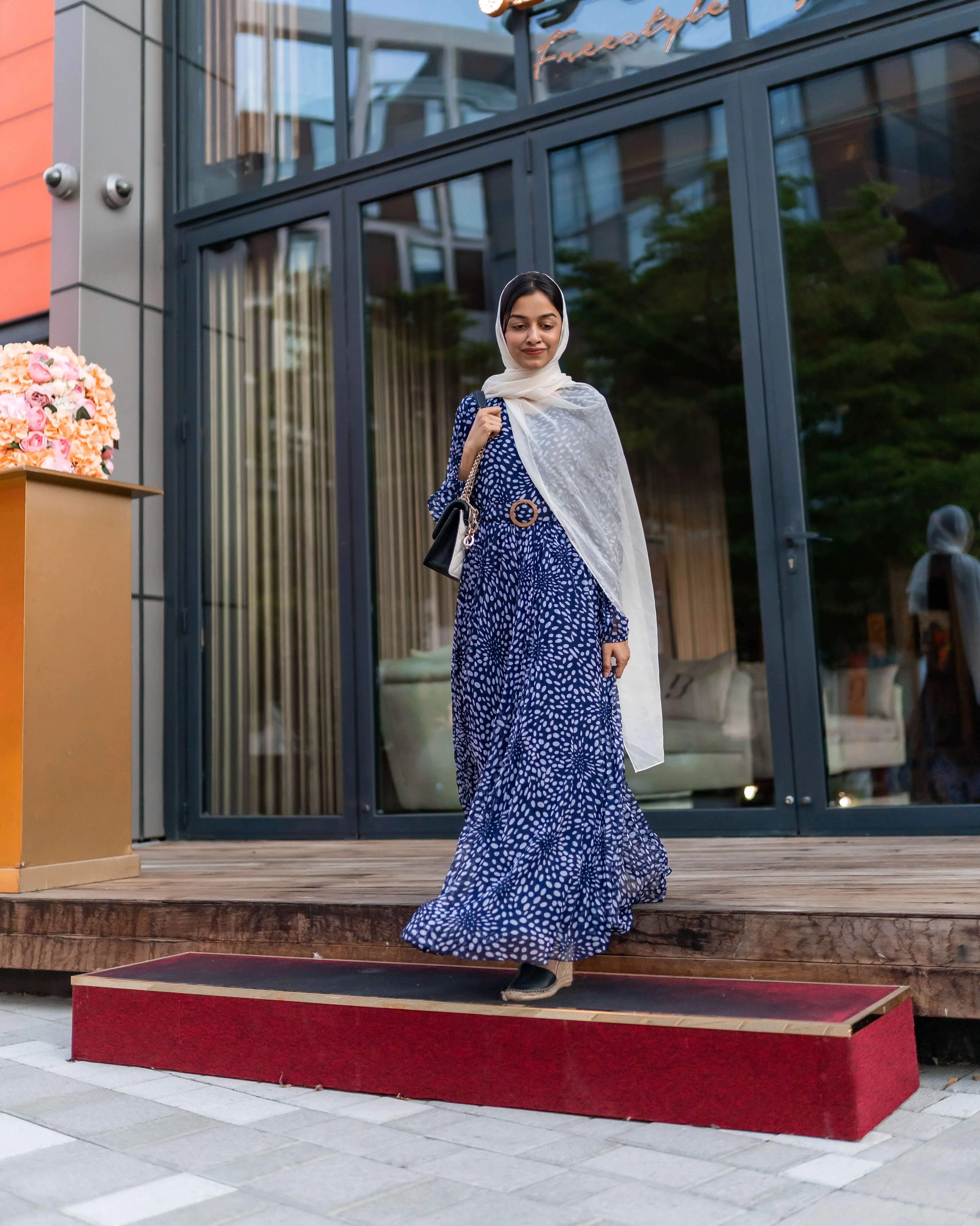 Blue Polka Printed Pleated Maxi Dress (GBF7001)