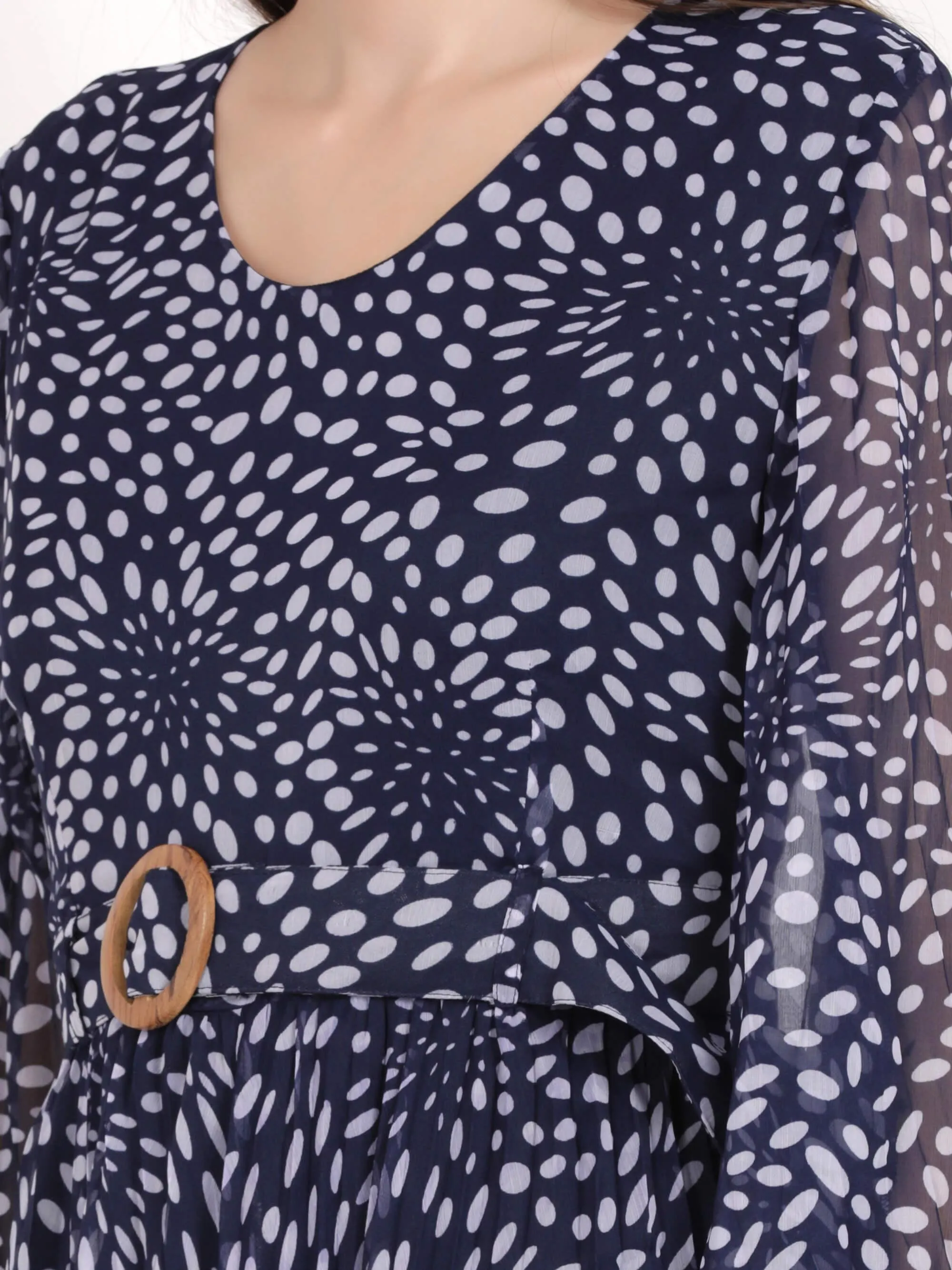 Blue Polka Printed Pleated Maxi Dress (GBF7001)