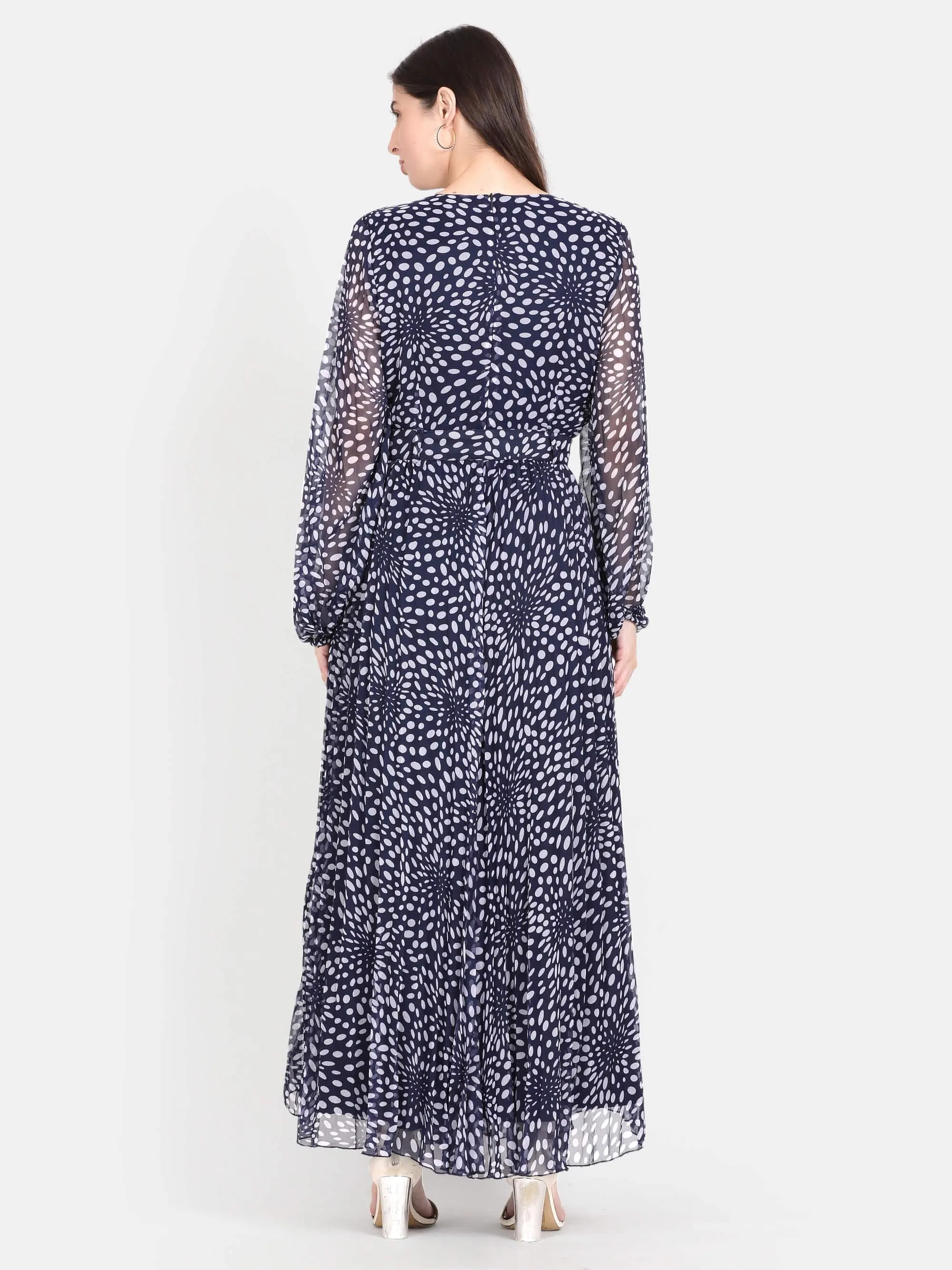 Blue Polka Printed Pleated Maxi Dress (GBF7001)