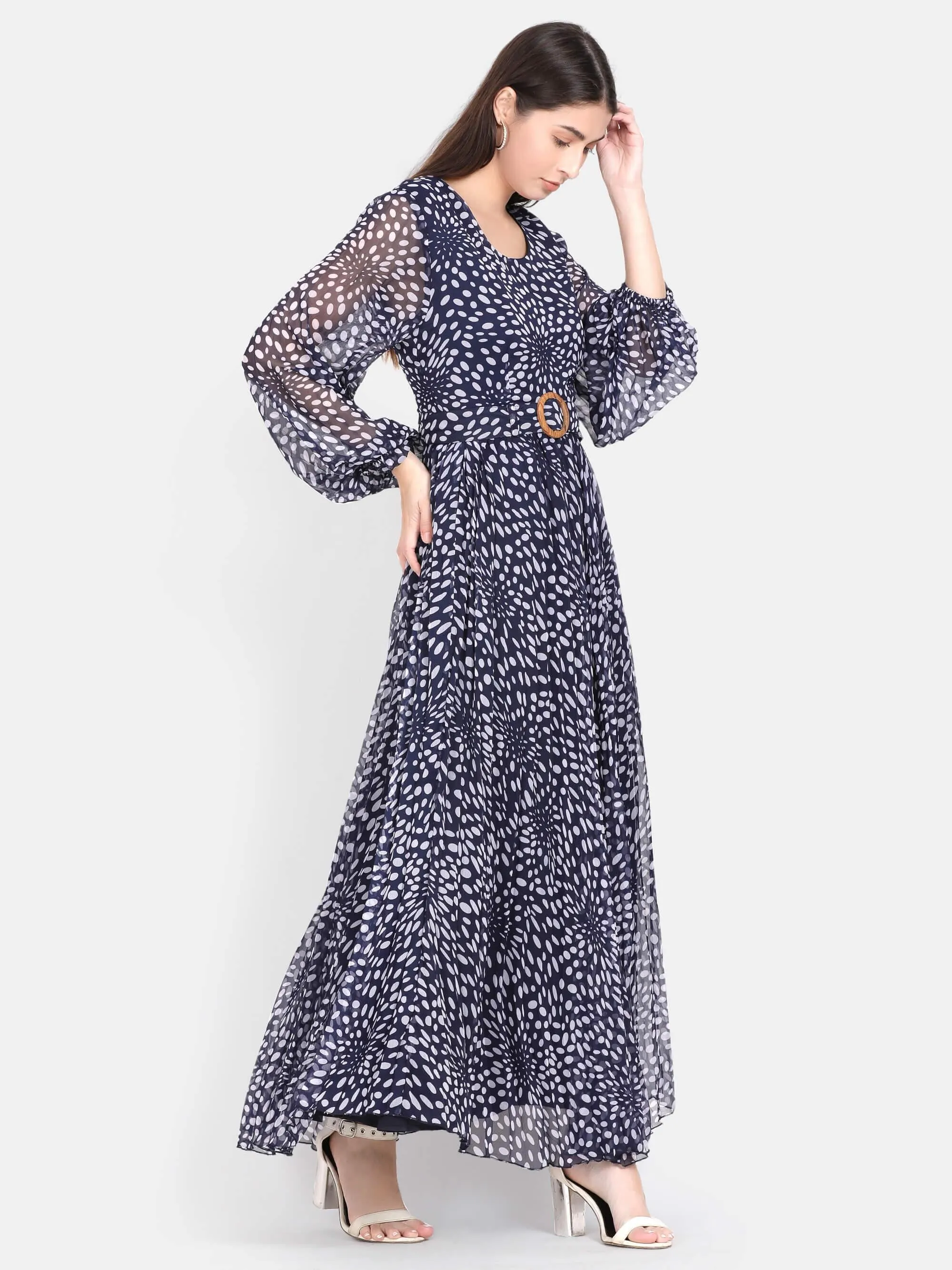 Blue Polka Printed Pleated Maxi Dress (GBF7001)