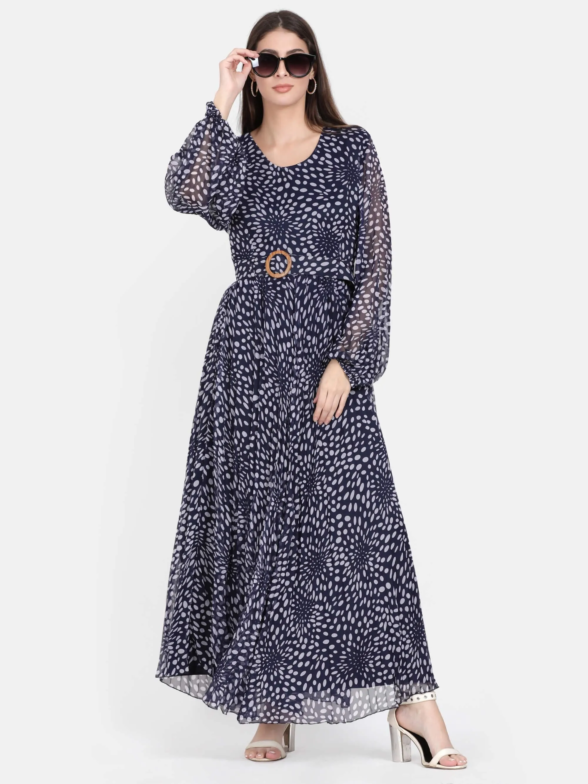 Blue Polka Printed Pleated Maxi Dress (GBF7001)