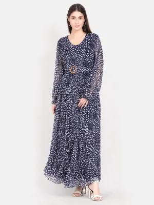 Blue Polka Printed Pleated Maxi Dress (GBF7001)