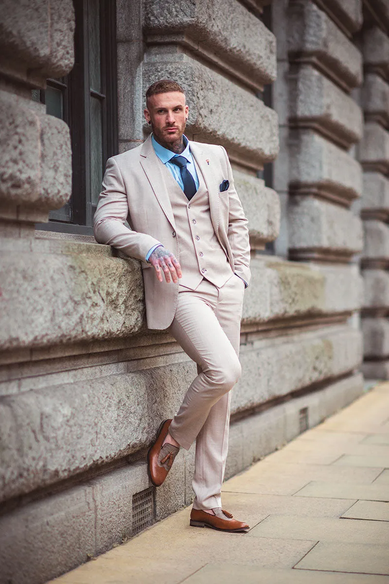 Cavani Sandom Beige Men's Three Piece Slim Fit Tweed Suit