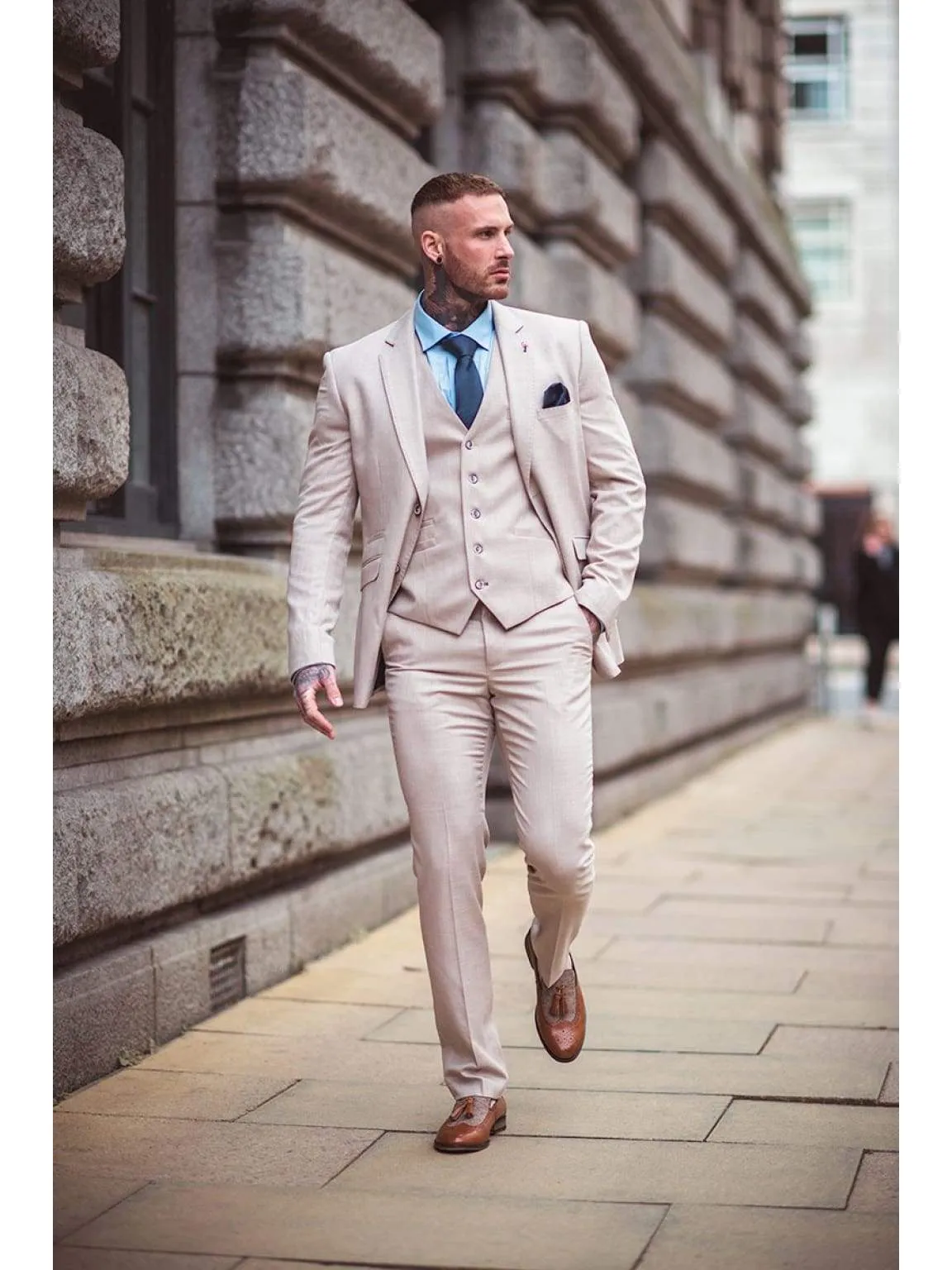 Cavani Sandom Beige Men's Three Piece Slim Fit Tweed Suit