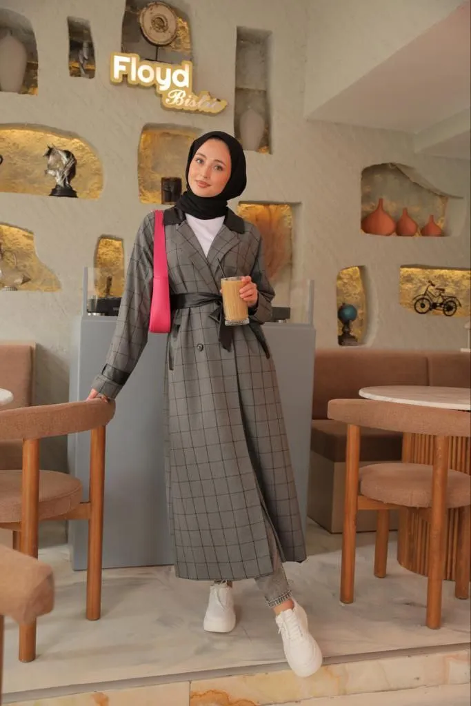 Checked Coat with Belt Detail