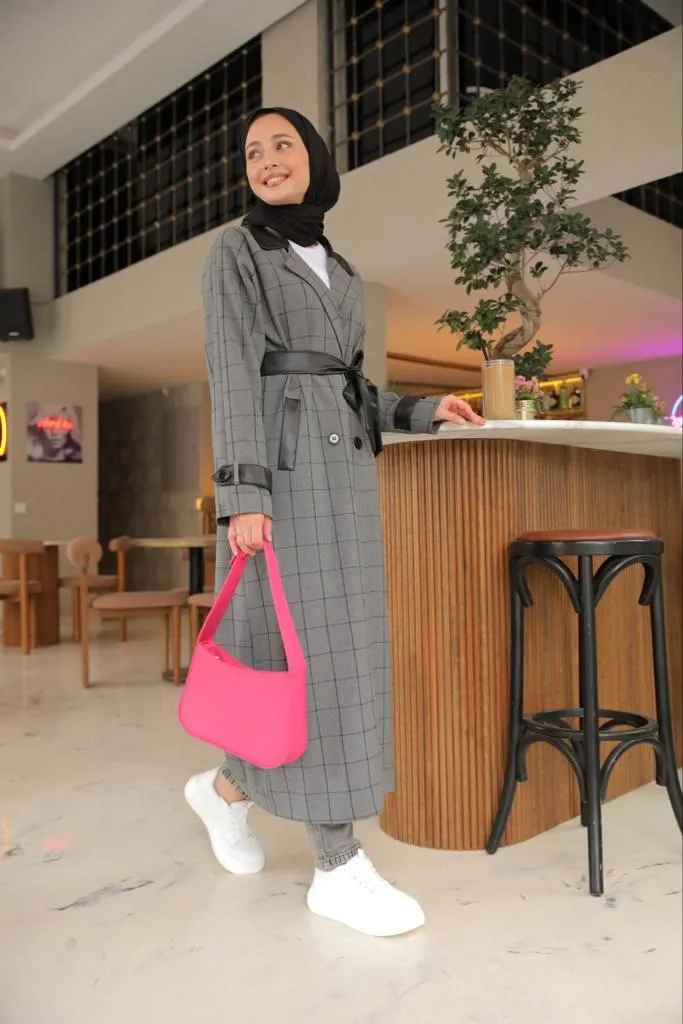 Checked Coat with Belt Detail