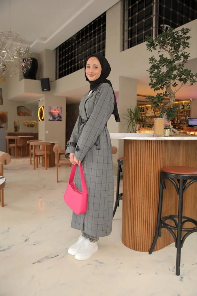 Checked Coat with Belt Detail