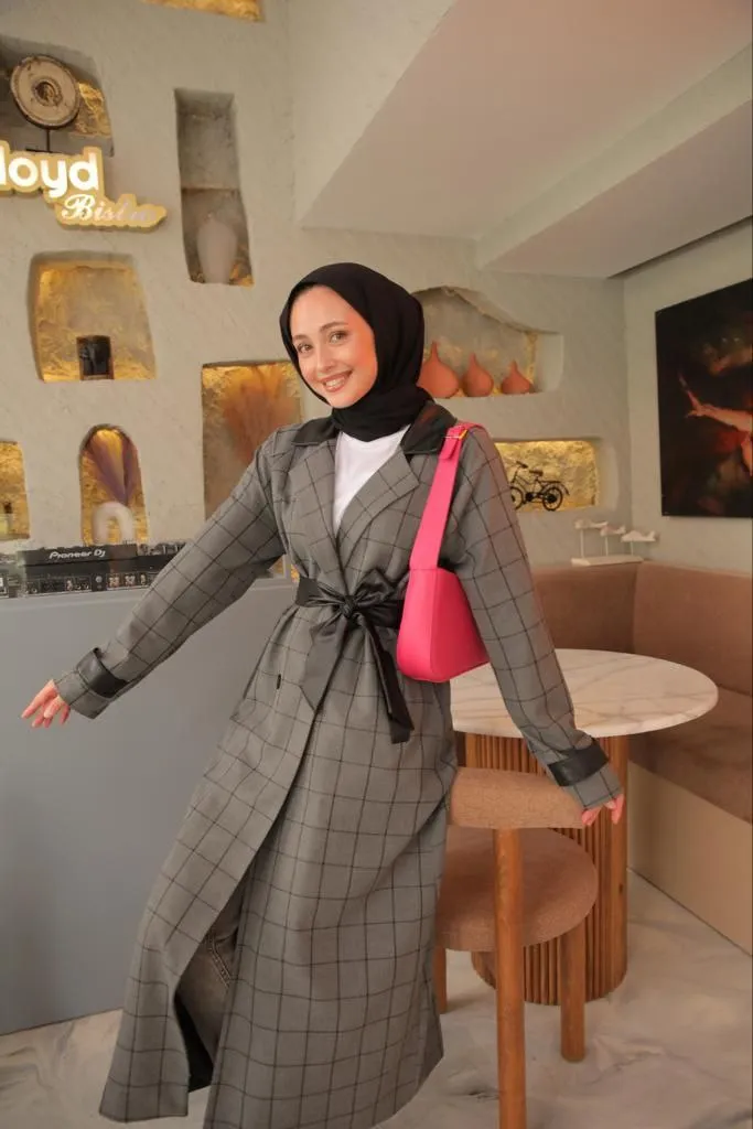 Checked Coat with Belt Detail