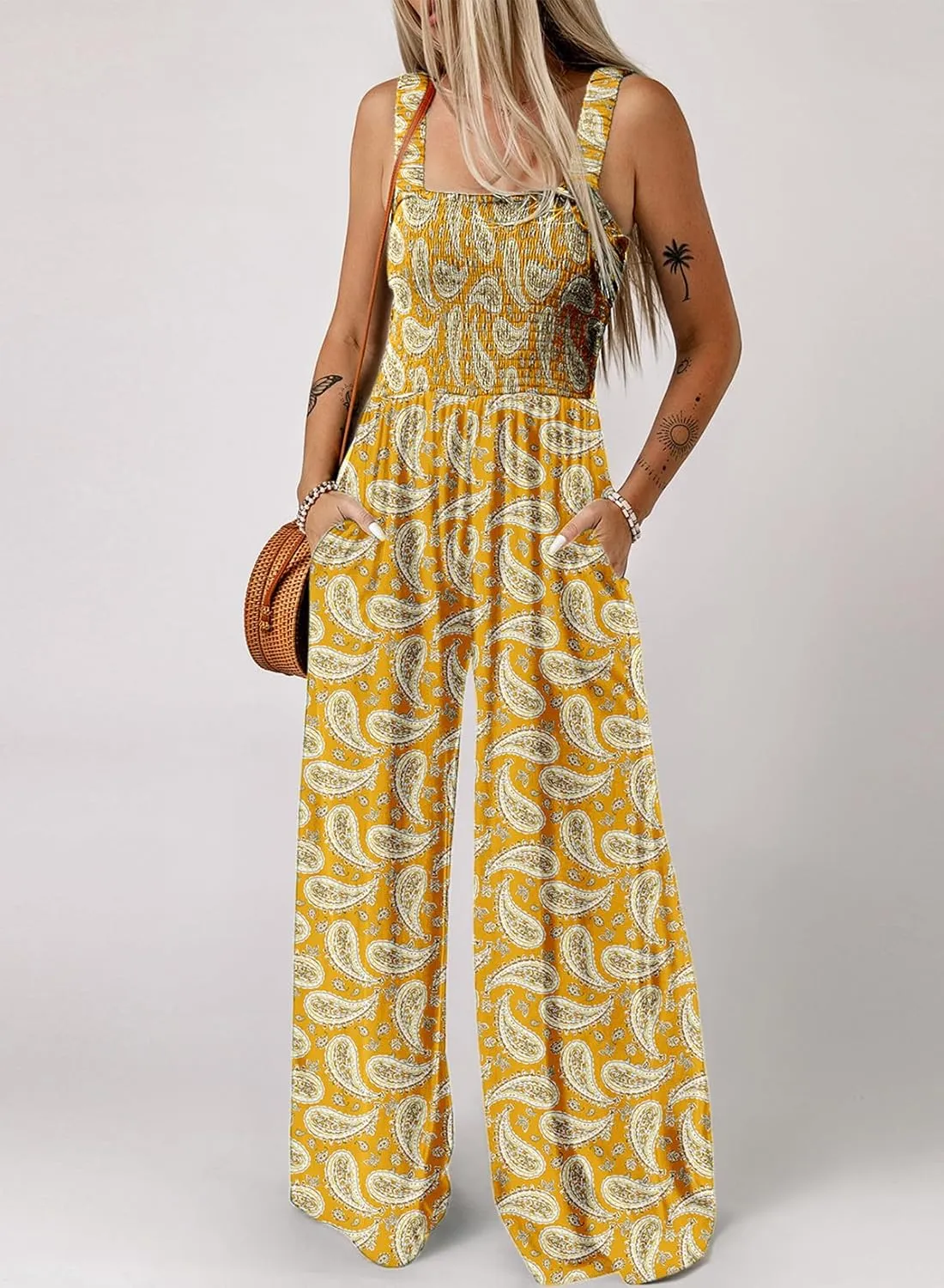 Dokotoo Women's Casual Loose Overalls Jumpsuits One Piece Sleeveless Printed Wide Leg Long Pant Rompers With Pockets
