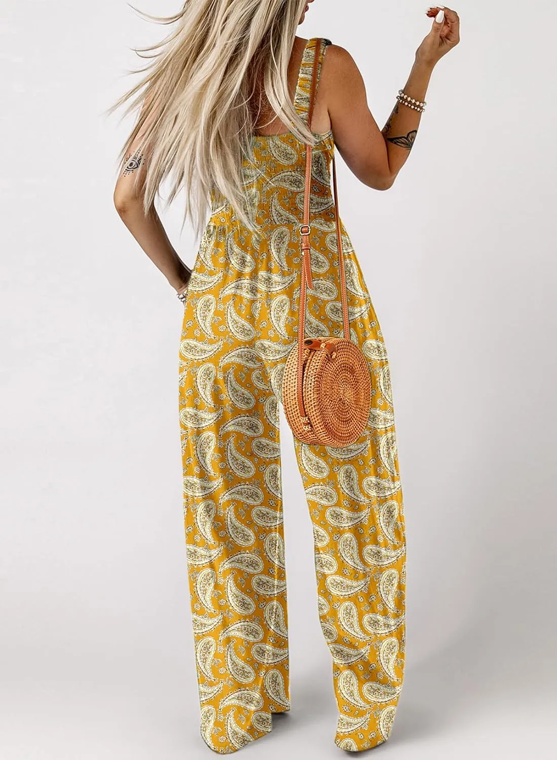 Dokotoo Women's Casual Loose Overalls Jumpsuits One Piece Sleeveless Printed Wide Leg Long Pant Rompers With Pockets