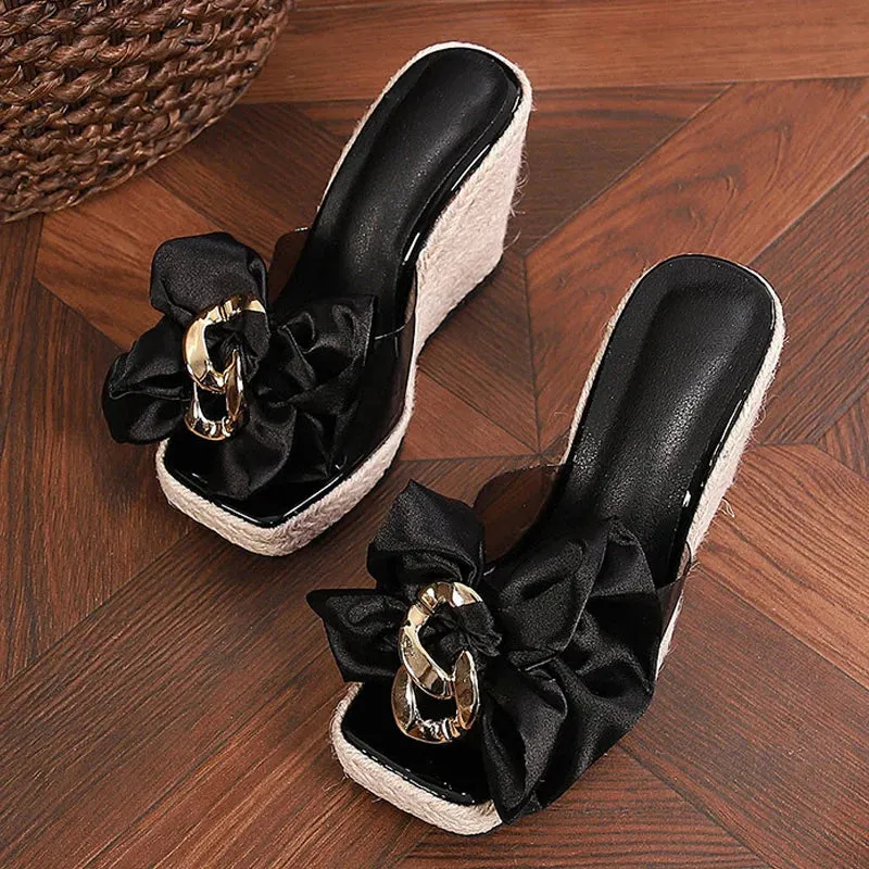 Fashion Pink metal detail-knot wedge Sandals