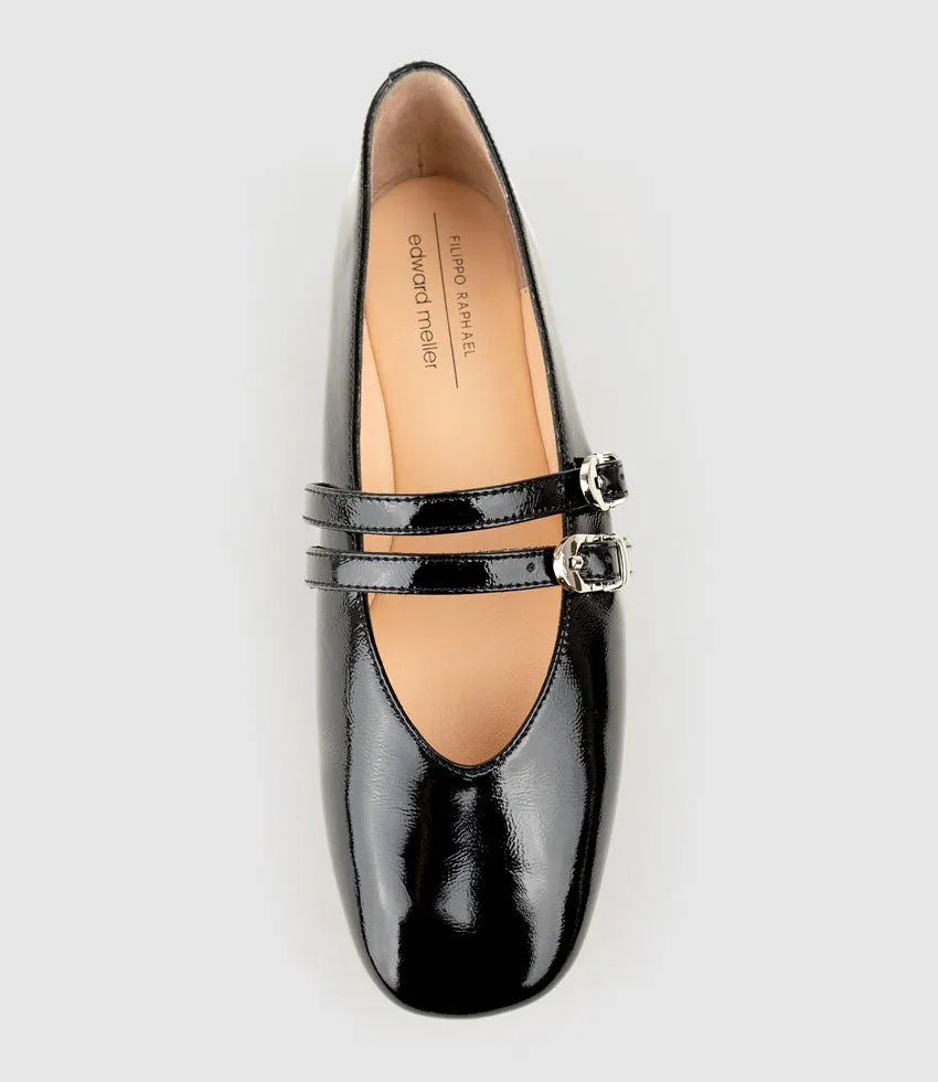 FILLY Double Buckle Ballet in Black Crinkle Patent