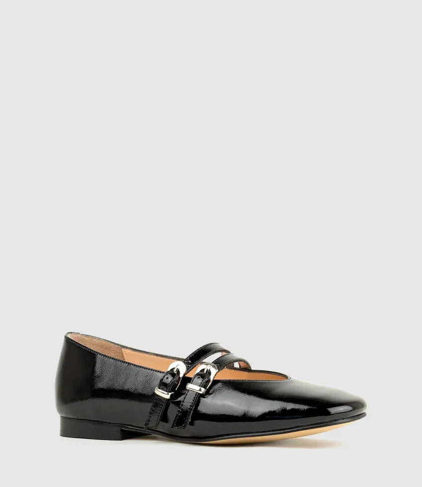 FILLY Double Buckle Ballet in Black Crinkle Patent