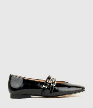 FILLY Double Buckle Ballet in Black Crinkle Patent