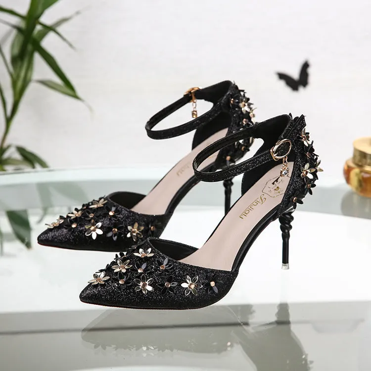 Flowers Stiletto Heel Pionted Toe Ankle Strap High Heels Party Shoes