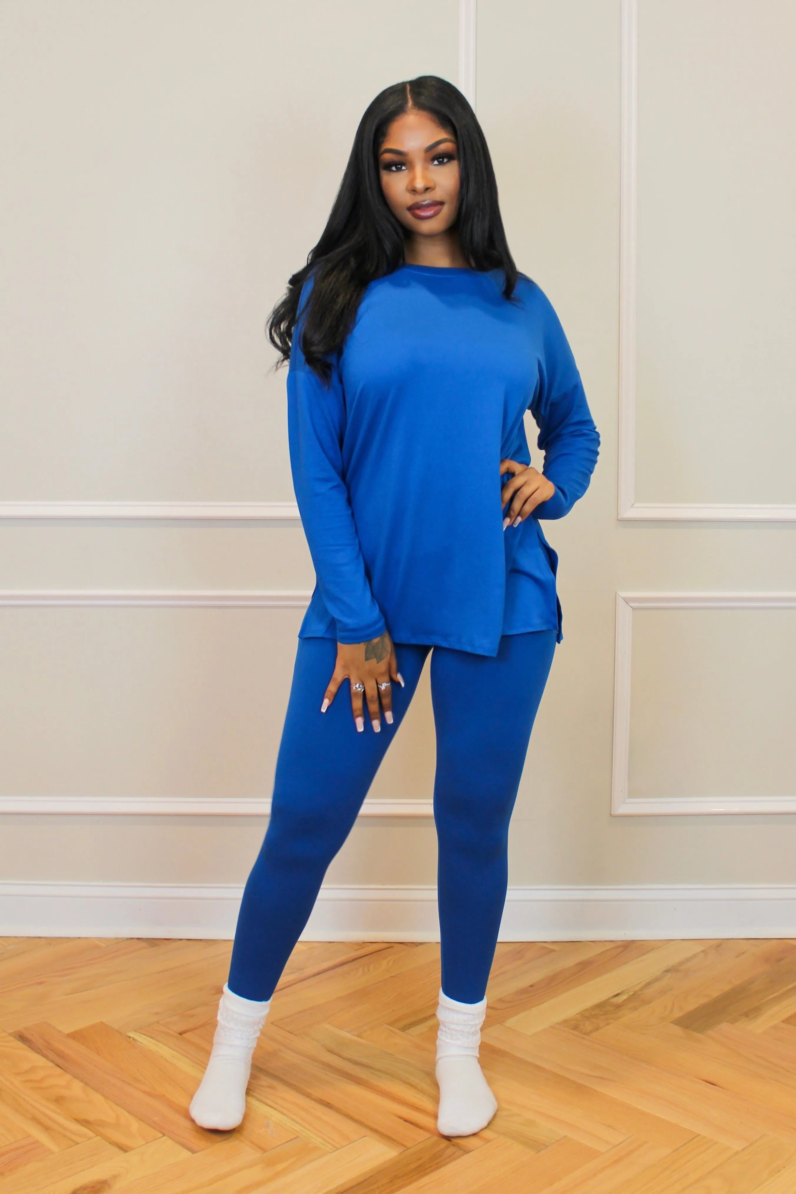 Grab & Go Leggings Set - Long Sleeve V-Neck (Classic Blue)