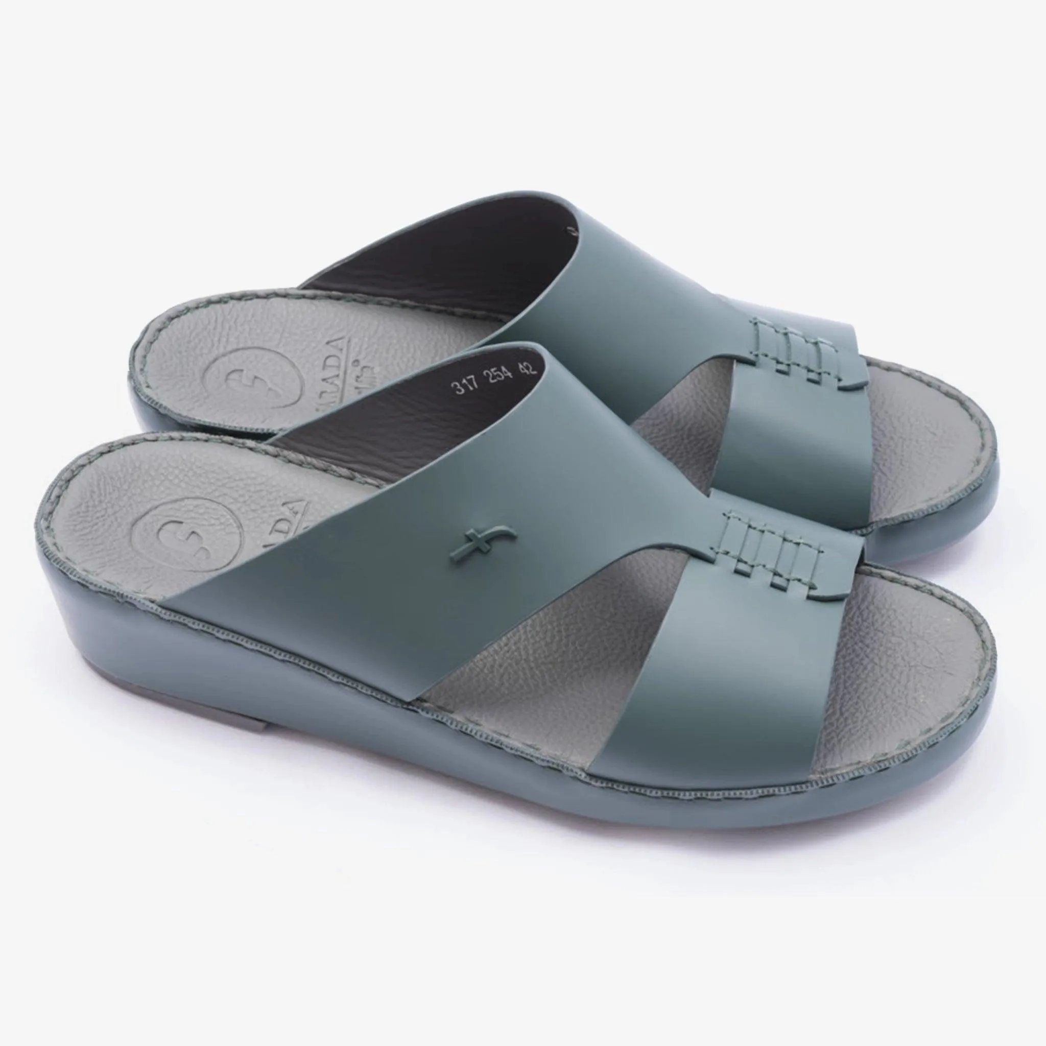 ITALIAN MATT ARABIC LEATHER HANDSTITCHED METALFREE SANDAL BOTTLE-GREEN