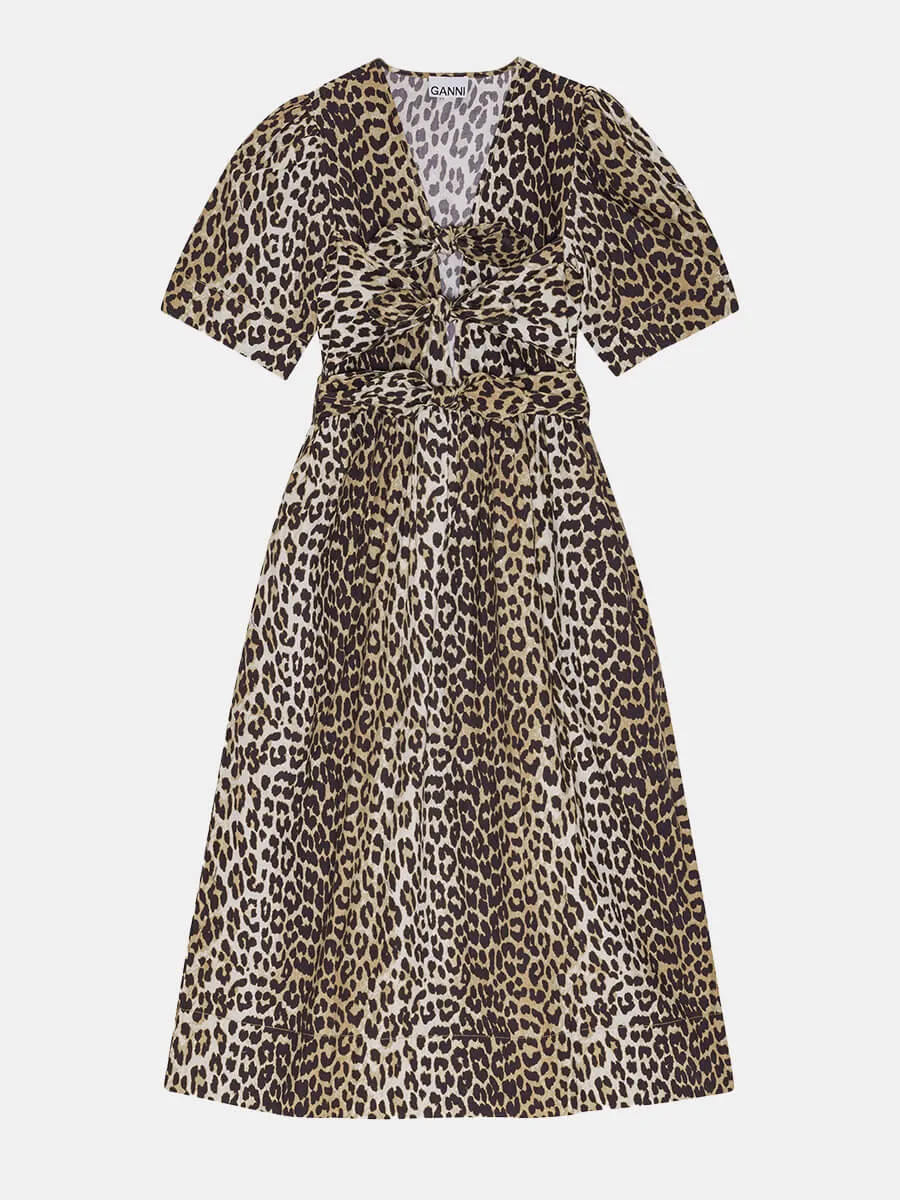 Leopard Printed Cotton Tie Strap Midi Dress