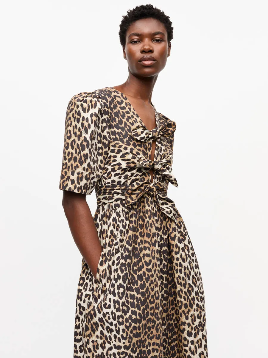 Leopard Printed Cotton Tie Strap Midi Dress