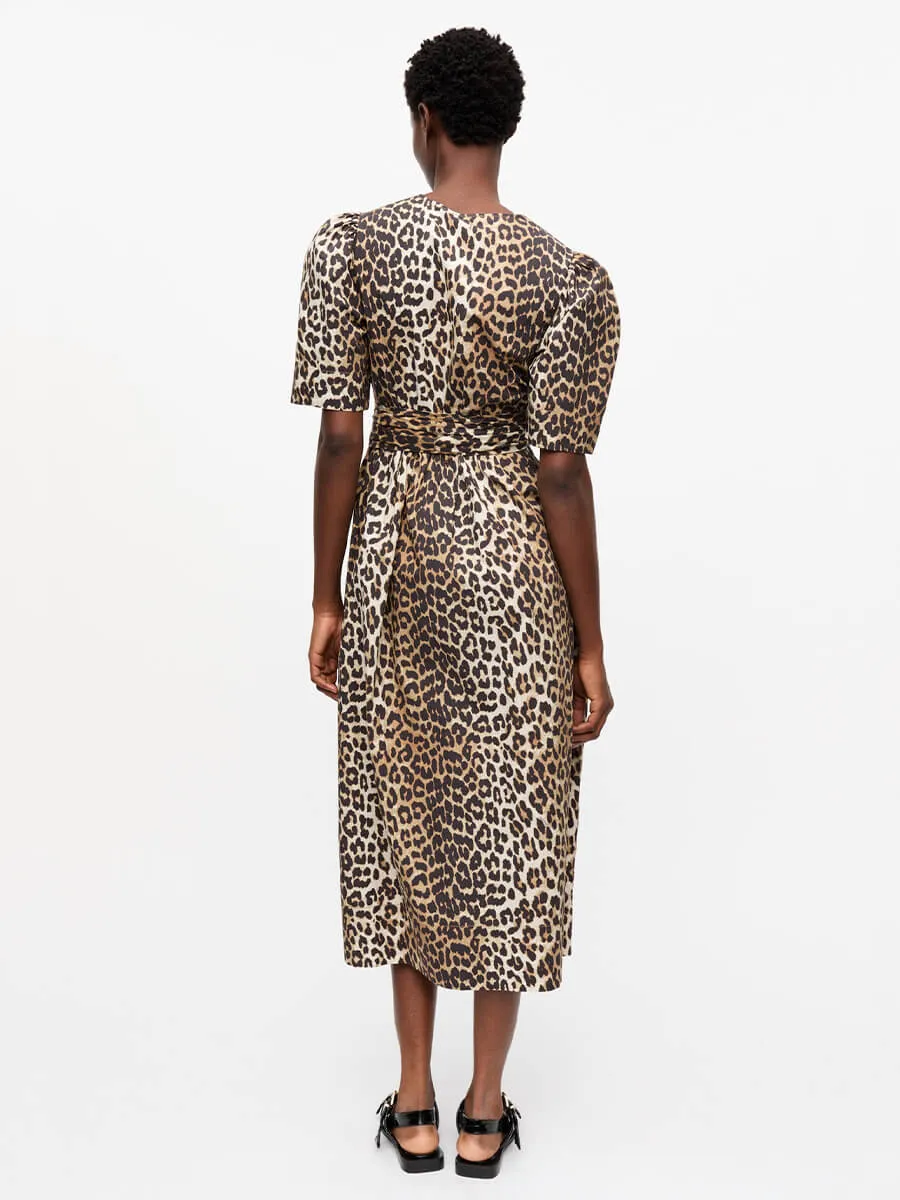 Leopard Printed Cotton Tie Strap Midi Dress