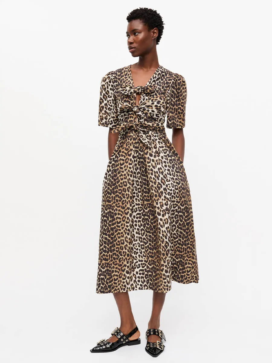 Leopard Printed Cotton Tie Strap Midi Dress
