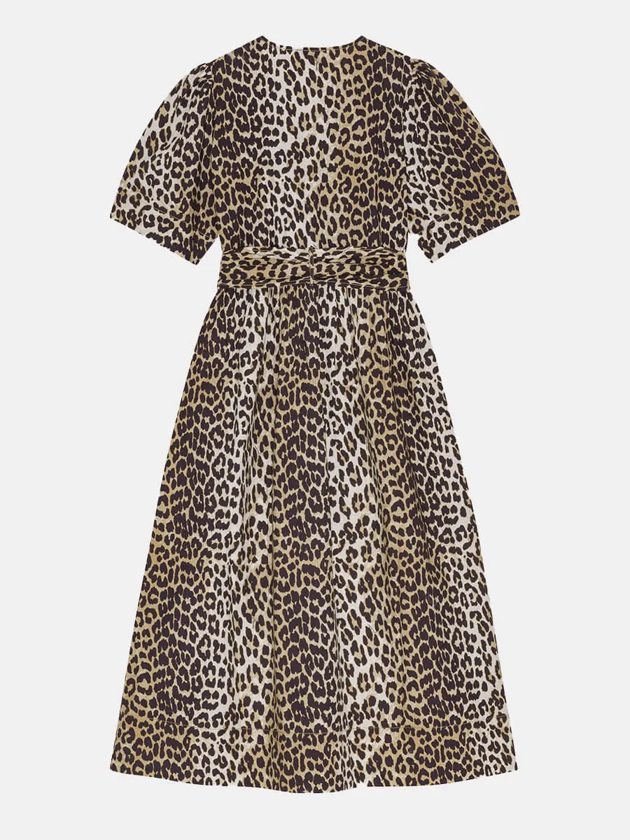 Leopard Printed Cotton Tie Strap Midi Dress