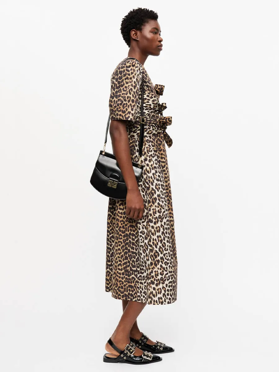 Leopard Printed Cotton Tie Strap Midi Dress
