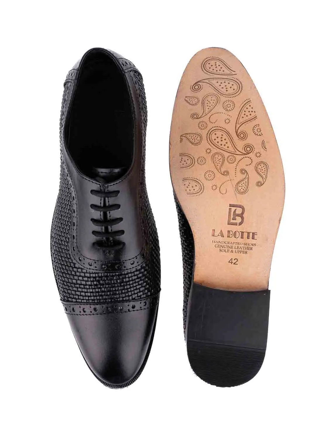 Men Black Basket Weave Textured Oxford Shoes