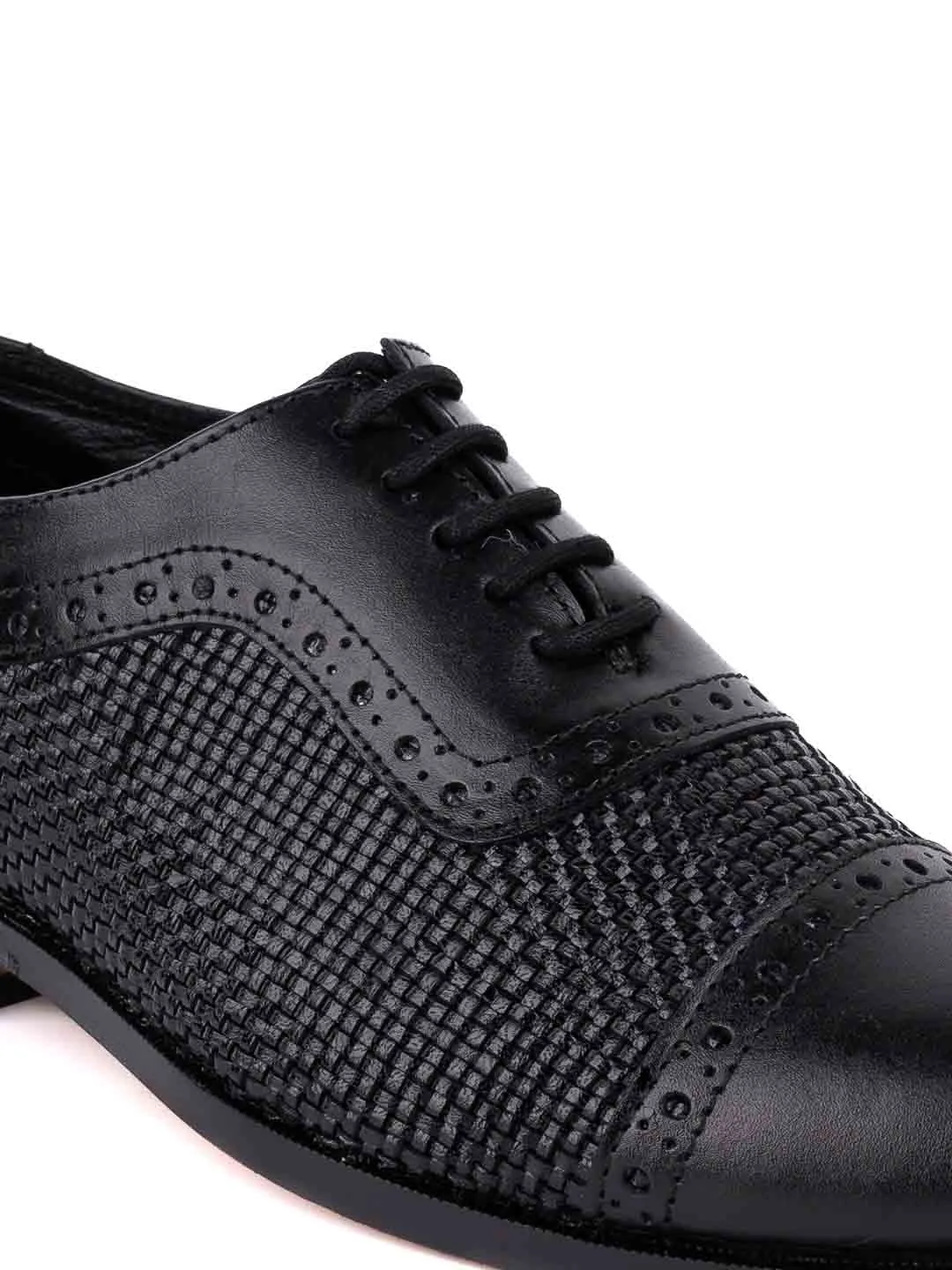 Men Black Basket Weave Textured Oxford Shoes