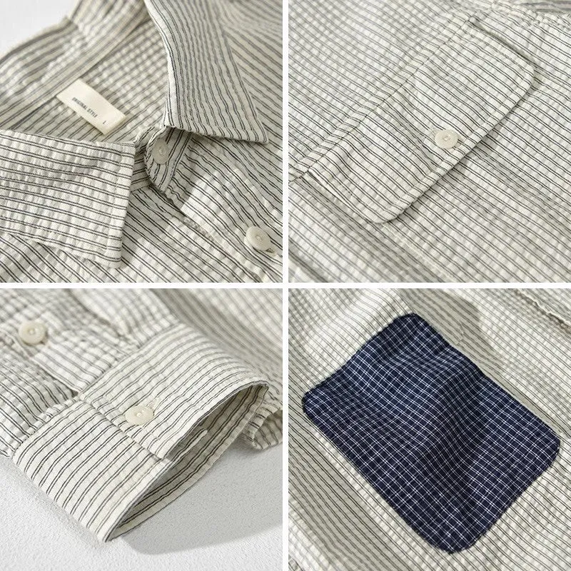 Mens Button-Up Shirt  Lightweight Cotton  Relaxed Fit  Striped  Long Sleeve