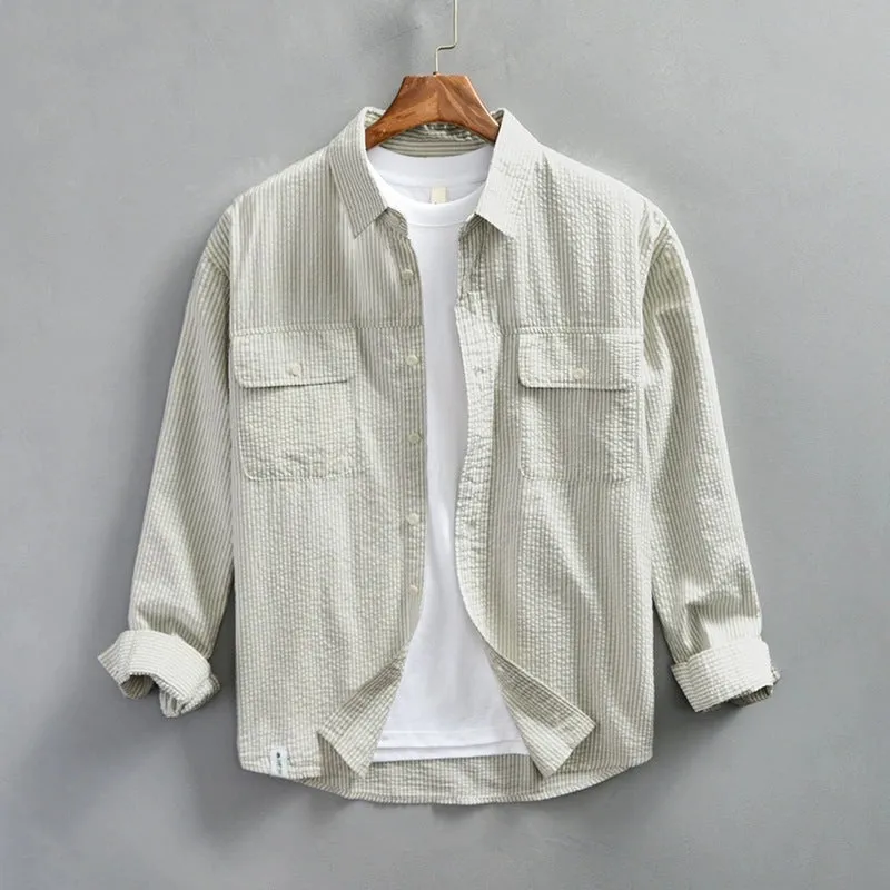 Mens Button-Up Shirt  Lightweight Cotton  Relaxed Fit  Striped  Long Sleeve