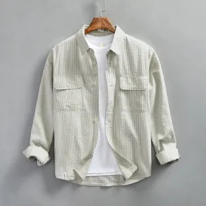 Mens Button-Up Shirt  Lightweight Cotton  Relaxed Fit  Striped  Long Sleeve