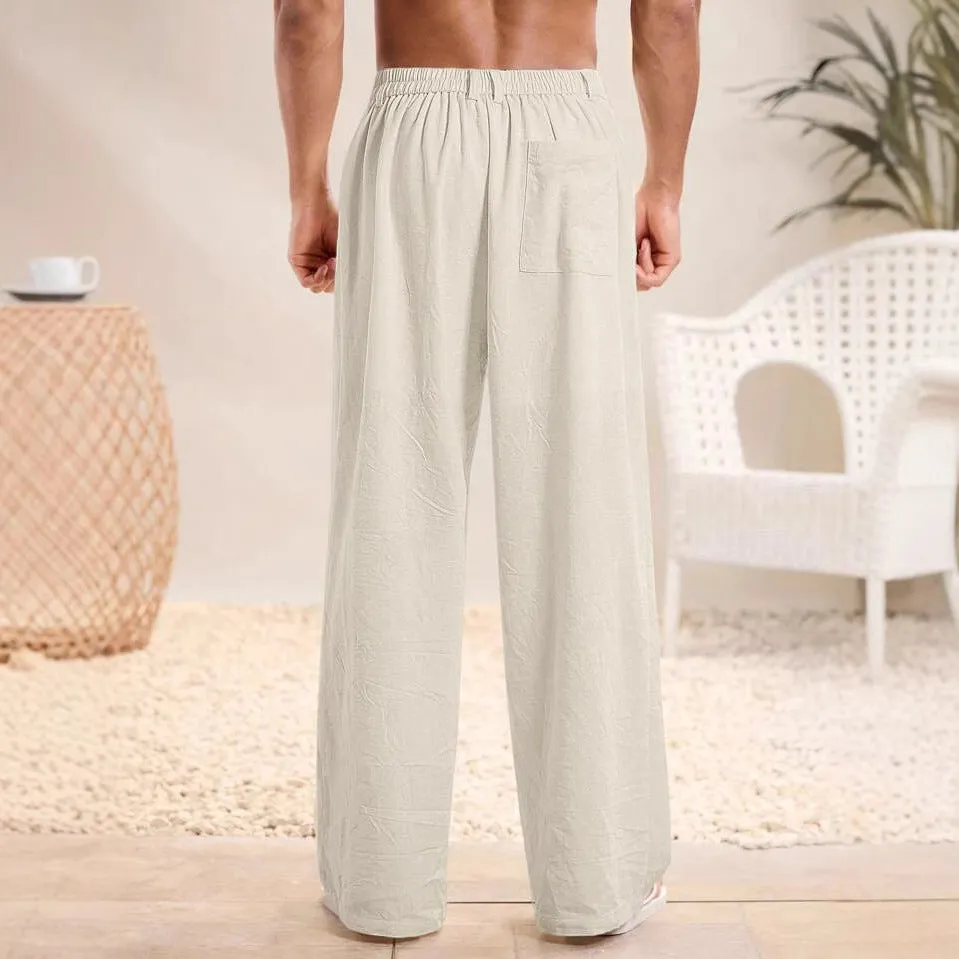 Mens Casual Trousers  Cotton Linen Blend  Relaxed Fit  Elastic Waist  Full Length
