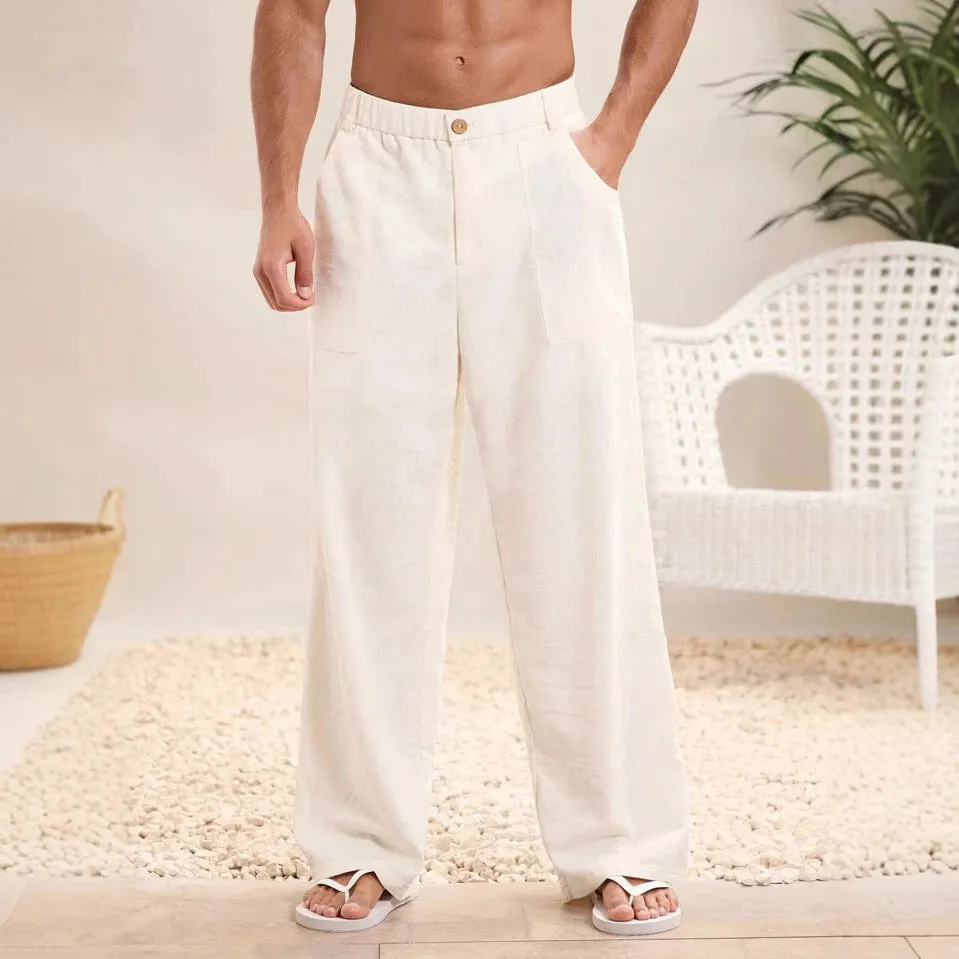 Mens Casual Trousers  Cotton Linen Blend  Relaxed Fit  Elastic Waist  Full Length