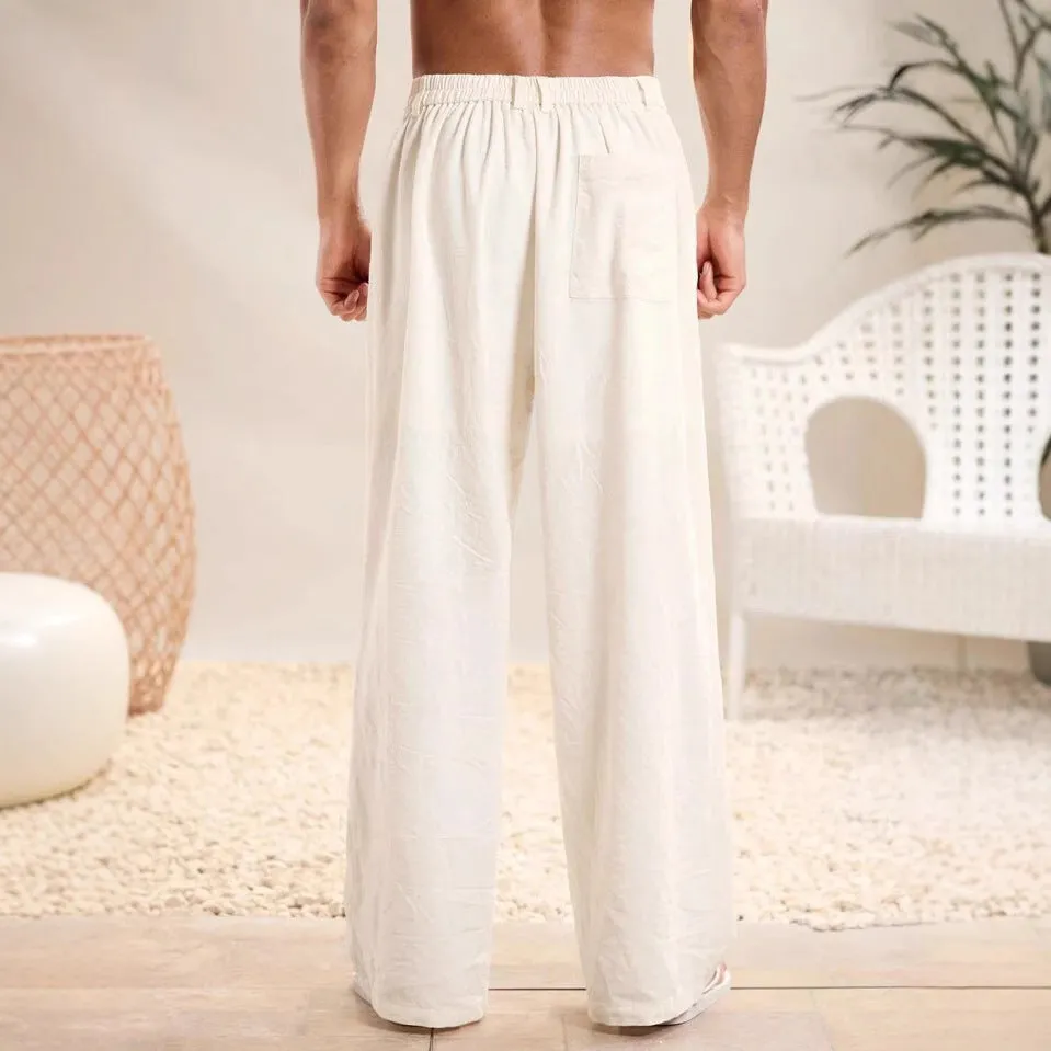 Mens Casual Trousers  Cotton Linen Blend  Relaxed Fit  Elastic Waist  Full Length