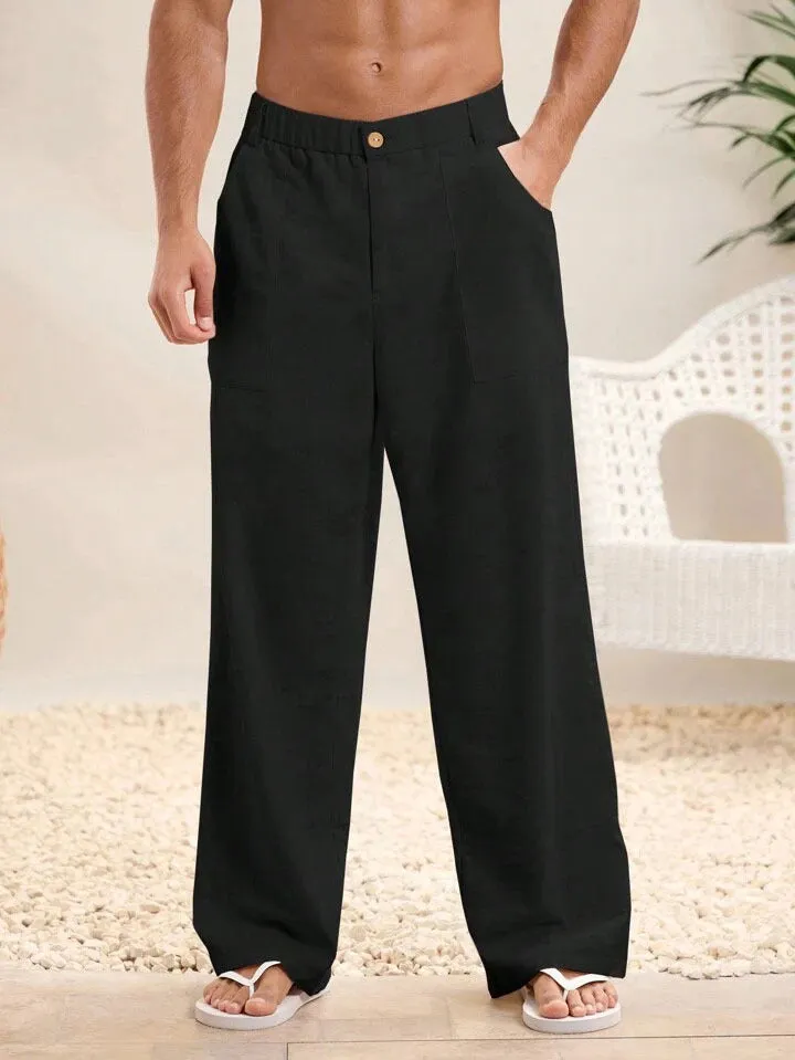 Mens Casual Trousers  Cotton Linen Blend  Relaxed Fit  Elastic Waist  Full Length