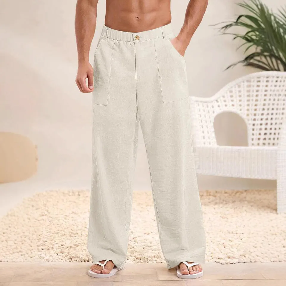 Mens Casual Trousers  Cotton Linen Blend  Relaxed Fit  Elastic Waist  Full Length