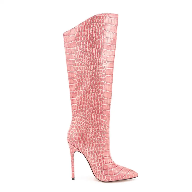 Pink Pointed Toe Crocodile Print Women's High Boots