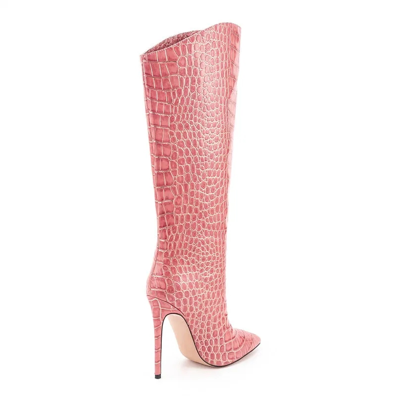 Pink Pointed Toe Crocodile Print Women's High Boots