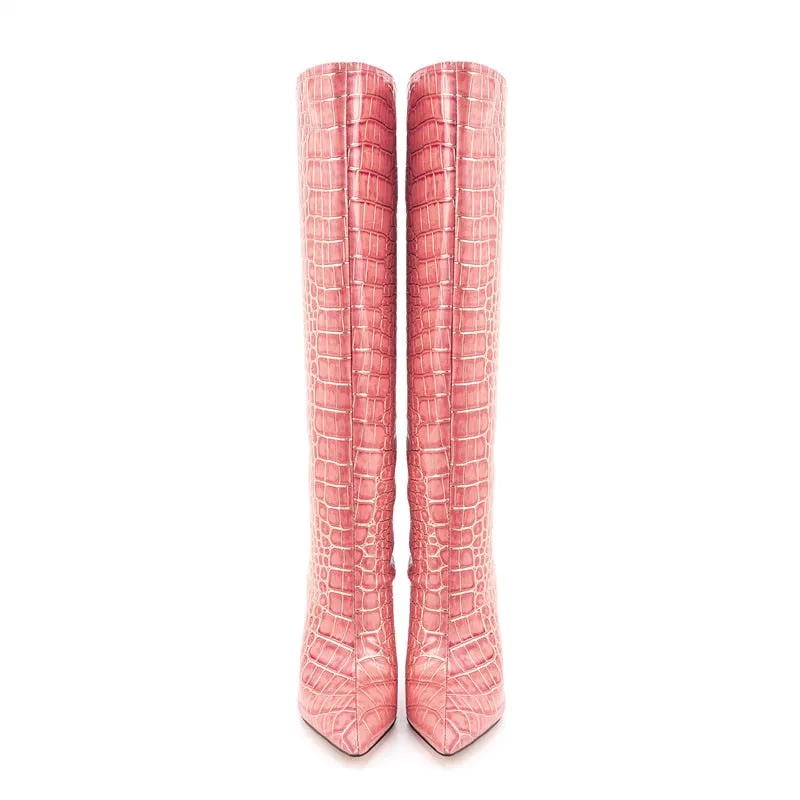 Pink Pointed Toe Crocodile Print Women's High Boots
